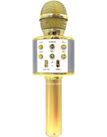 Resim Altın Kablosuz Bluetooth Mikrofon Ve Hoparlör Birleşik Cihaz, Led Işıklı, Karaoke İçin Uygun, 1200mah Pil, Hafıza Kartı/disk Desteği 
