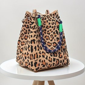Resim Wo'nun Leopar Desenli Manyetik Kapaklı ve İp Saplı Örgü Çantası - Katlanabilir Büyük Kapasiteli Günlük Kullanım İçin Şık Tote, Dayanıklı Polyester, Karışık Renkler, Vintage El Çantası, Seyahat Çantası, Trendy Aksesuar, Sağlam Kulplu Kova Çanta 