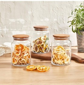 Resim Selka Home - 3'lü Kesme Detaylı Ahşap Kapak Kavanoz 890 Ml 