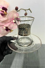 Resim İncebel Çay Bardaklı & Tabaklı Gümüş Lale Dekorlu 12 Parça Çay Takımı 6 Kişilik Set Şeffaf 