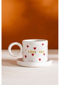 Resim Rivaistanbul I Love You Amore El Yapımı Seramik Double Kahve Fincanı Mug Kupa Krem 