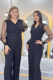 Resim zks grup tekstil Kadın Simli Kruvaze Yaka Tül Kol Abiye Tulum Mor, Siyah,Lacivert, Bordo,Gümüş,Yeşil 