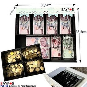 Resim Saypos PLS-60 6 Banknot 4 Madeni Para Gözlü Gizli Evrak Hazneli Plastik Çekmece İçi Para Düzenleyici 36.5x33.5x7CM 