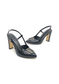 Resim Feles Toka Detaylı Kalın Ökçe Arkası Açık Stiletto Kadın Topuklu Ayakkabı Siyah 