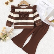 Resim Kızlar için 2'li Set, Çizgili Yuvarlak Yaka Uzun Kollu Üstler ve Düz Renkli Geniş Paça Pantolonlar, Bahar/Sonbahar, Dış Mekan İçin Mükemmel 