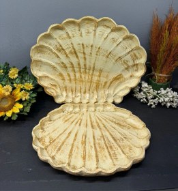 Resim Dekoratif Polyester İkili İstiridye Tepsi Sunumluk Krem Gold Eskitme 