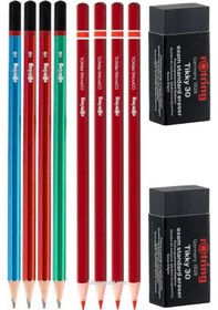 Resim Rotring Kurşun Ve Kırmızı Kalem Seti , Silgili Set 4+4 +2 Silgi Hb Mercanlı Çok Renkli 