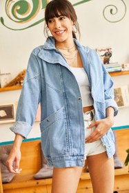 Resim Olalook Kadın Mavi Cepli Fermuarlı Çıtçıtlı Uzun Denim Ceket CKT-19000258 