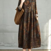 Resim Kadınlar için Büyük Beden Çiçek Desenli Maxi Elbise - Bol Kesim Uzun Kollu Yuvarlak Yaka Cebi ile, Kahverengi ve Bej Çiçek Deseni, Bahar Yaz Sonbahar için Rahat Ev Giyimi, Konforlu Esnek Olmayan Kumaş, Çiçek Desenli Elbise 