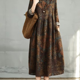 Resim Kadınlar için Büyük Beden Çiçek Desenli Maxi Elbise - Bol Kesim Uzun Kollu Yuvarlak Yaka Cebi ile, Kahverengi ve Bej Çiçek Deseni, Bahar Yaz Sonbahar için Rahat Ev Giyimi, Konforlu Esnek Olmayan Kumaş, Çiçek Desenli Elbise 