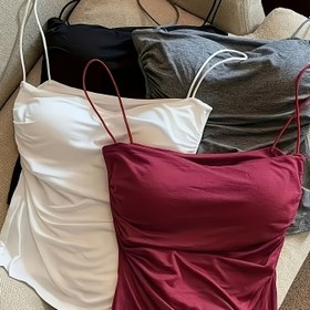 Resim 4 adet Kadın Kolsuz Kamisole Üstleri - Nefes Alabilen ve Rahat Spagetti Askılı Atletler, Düz Renkler, Kıvrımlı Kenar, Rahat Tarz, Tüm Mevsimler İçin Mükemmel, Çok Yönlü Giyim | Kıvrımlı Kenarlı Üstler | Polyester Kumaş 