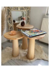 Resim Wood Ahşap 3 Lü Set Fitilli Mantar Yan Sehpa Modern Fiskos 