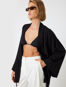 Resim Keten Karışımlı Kimono 3/4 Geniş Kol Cepli Kuşaklı 