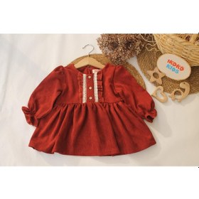 Resim Bordo Kadife Dantel Detaylı Elbise-kiremit Kiremit 