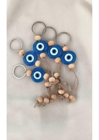 Resim Nazar Boncuk Şeffaf Mavi Anahtarlık 5 Adet Kötü Göz Kovucu Ahşap Boncuklu Nazar Hand Made Hasır Nazarlı Anahtarlık 