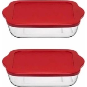 Resim Paşabahçe Cam Kırmızı Kapaklı Kare Saklama Kabı 22 x 22 cm 2 Adet 4 Parça Set 