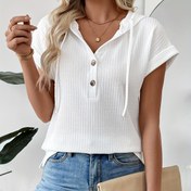 Resim Kadınların Şık Gri Düğmeli Kapüşonlu Sweatshirt - Bahar/Yaz İçin Rahat V-Yaka, Kısa Kollu Sweatshirt, Rahat Giyim|V-Yaka Sweatshirt|Kısa Kollu Üst 
