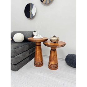 Resim Ahşap 2'li Set Mantar Yan Sehpa Modern Açık Ceviz Fiskos Zigon Çiçeklik 