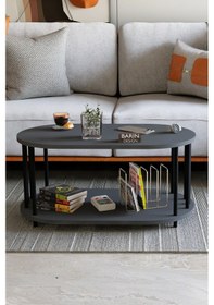 Resim Modern Oval Orta Sehpa Çift Katlı Metal Ayaklı Salon, Ofis, Dekoratif Sehpa, Kahve Sehpası Antrasit 
