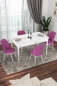 Resim Canisa Kor Serisi 70x114 Açılabilir Mutfak Masası Takımı Beyaz Mermer Desen Masa 4 Mor Sandalye 