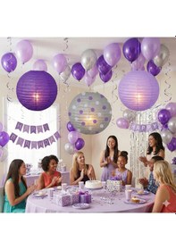 Resim 25 Cm 3'lü Mor Tonları Japon Feneri Seti Puantiyeli Lila Mor Parti Dekoru Diğer 
