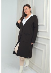 Resim Kadın Cepleri Şerit Detaylı Büyük Beden Uzun Triko Hırka-41834 Kahverengi 