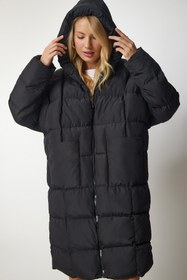Resim Happiness İstanbul Kadın Siyah Kapüşonlu Oversize Şişme Kaban HK00027 