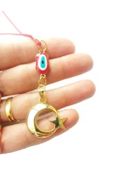 Resim cuaderno Ay Yıldız Kırmızı Nazar Boncuk Detaylı Araba Dikiz Ayna Süsü El Yapımı Metal Lüks Aksesuar 