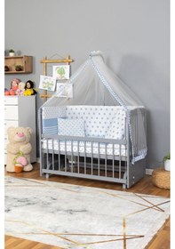 Resim Ahşap Beşik Anne Yanı Beşik Gri 60x120 - Mavi Yıldız Tek Yastık Uyku Seti + Yatak Gri 