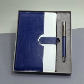 Resim Mavi Beyaz Deri Kapaklı Defter Ve Metal Kalem Set 