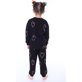 Resim Minik Kalpler Desenli %100 Pamuk Kız Çocuk Pijama Takımı Siyah 