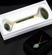 Resim Papatya Silver 925 Ayar Gümüş Rose Kaplama Yeşil Taşlı Yaprak Kolye Yeşim Taşı Çift Taraflı Yüz Masaj Aleti Hediye 