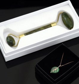 Resim Papatya Silver 925 Ayar Gümüş Rose Kaplama Yeşil Taşlı Yaprak Kolye Yeşim Taşı Çift Taraflı Yüz Masaj Aleti Hediye 