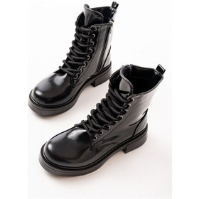 Resim 02-356 Siyah Rugan Düz Topuklu Bağcıklı Fermuarlı Günlük Kadın Bot Acı Kahverengi 