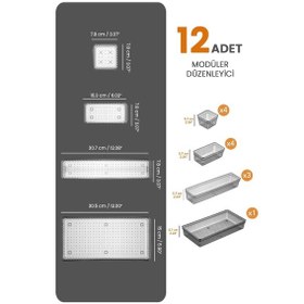 Resim 12 Parça Modüler Kaşıklık Seti - Ayarlanabilir Mutfak Çekmece İçi Düzenleyici Organizer Antrasit 