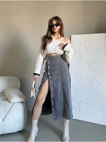 Resim Swet Shop Jeans Kadın Önü Düğmeli Uzun Boy Siyah Kar Yıkama Antrasit Renk Likralı Kot Etek 