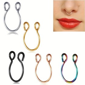 Resim 5 adet Paslanmaz Çelik U-Şekilli Burun Halkası Burun Klipsi Seti Sahte Piercing Hoop Burun Halkası Seti Kadınlar için 