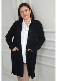 Resim By Saygı Kadın Önü Desenli Cepli Fitilli Büyük Beden Likralı Triko Hırka-41851 Siyah 