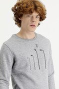 Resim Açık Gri Melanj Bisiklet Yaka Baskılı Pamuklu Sweatshirt Kigili