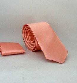 Resim Gaffy Yavru Ağzı Slim Fit İnce Düz Renk Mendilli Saten Kravat - SS-44 Yavruağzı 