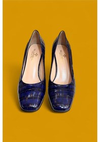 Resim Lacivert Krokodil Hakiki Deri Topuklu Ayakkabı Lacivert 
