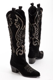 Resim MS SUGAR SHOES Kadın Siyah Vegan Süet Nakışlı Western Kovboy Cowgirl Bot Çizme Beyaz Nakışlı 