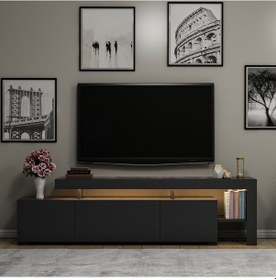 Resim Beliz Modern LED Işıklı 3 Kapaklı, Raflı TV Sehpası – 192 cm, Antrasit 