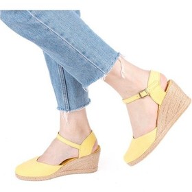 Resim Gerçek Elişi Topuğu Açık Bilekten Bantlı Dolgu Topuk Keten Hasır Kadın Espadril Handmade Açık Sarı 