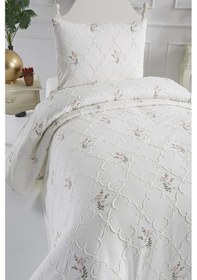 Resim Pinkrose Nakışlı Şönil 2 Parça Tek Kişilik Yatak Örtüsü Krem Krem 