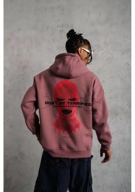 Resim Erkek Maske Baskılı Kapüşonlu Sweat - Gül Kurusu 001 