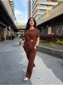 Resim Parlas Giyim Büyük Beden Gold Kemer Aksesuarlı Pamuklu Kahve Takım 