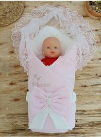 Resim Bal Peteği My Princess Taç Nakış İnci Fiyonklu Dantel Duvaklı Delüks Kundak Bebek Battaniyesi Pembe Çok Renkli 