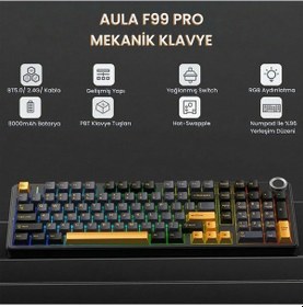 Resim Aula F99 Pro 3 Modlu Rgb Hot Swap Mekanik Star Vector Switch Kablosuz Makrolu Klavye Siyah 