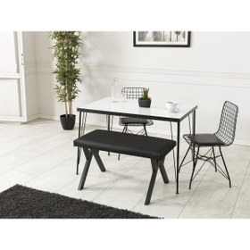 Resim Avvio 80x120 Pırıl Beyaz Görünümlü Metal Ayaklı Mutfak Masası Ve Bench Takımı 